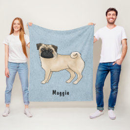 Fawn pälsfärgad Mops Hund med anpassat namn Blå Fleecefilt