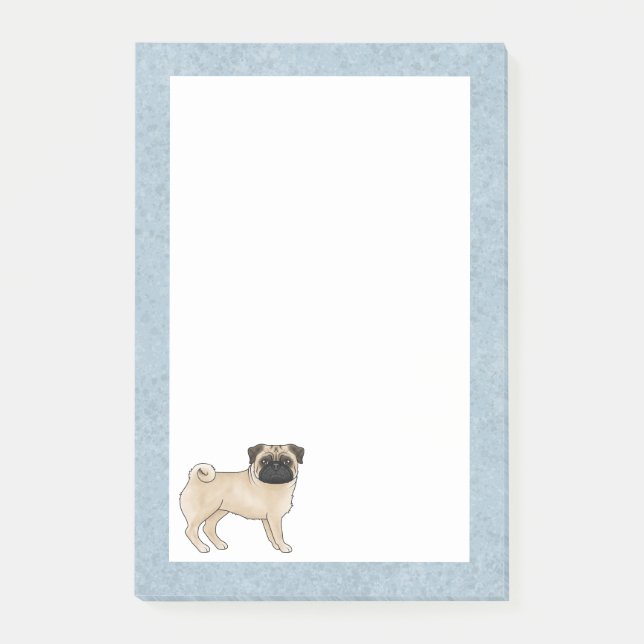 Fawn pälsfärgad Mops Pug Hundras Design Blå Post-it Block (Framsida)