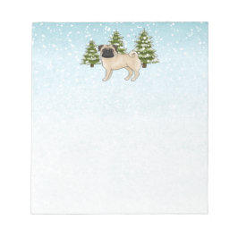 Fawn Pug Cute Tecknad hund Snowy Winter Forest Anteckningsblock