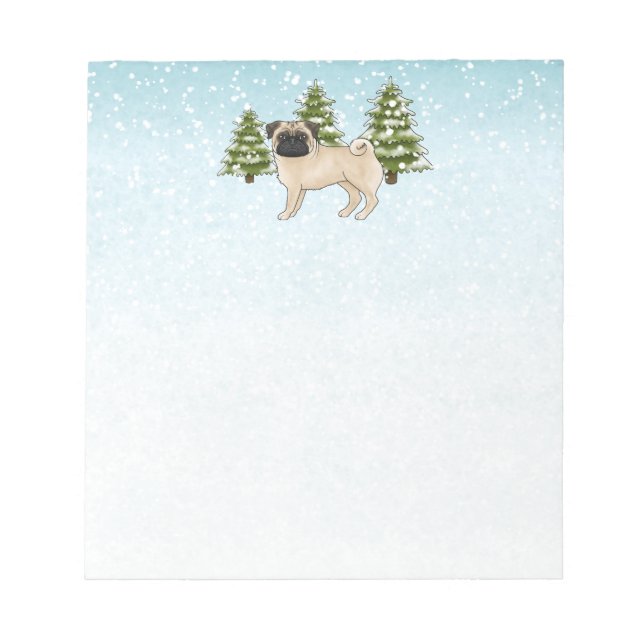 Fawn Pug Cute Tecknad hund Snowy Winter Forest Anteckningsblock (Framsida)