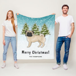 Fawn Pug Cute Tecknad hund Snowy Winter Forest Fleecefilt