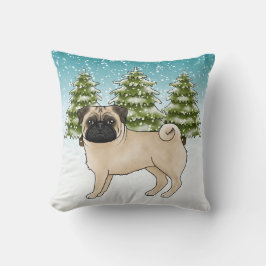 Fawn Pug Cute Tecknad hund Snowy Winter Forest Kudde