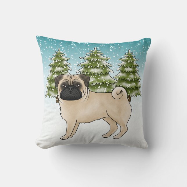 Fawn Pug Cute Tecknad hund Snowy Winter Forest Kudde (Framsida)