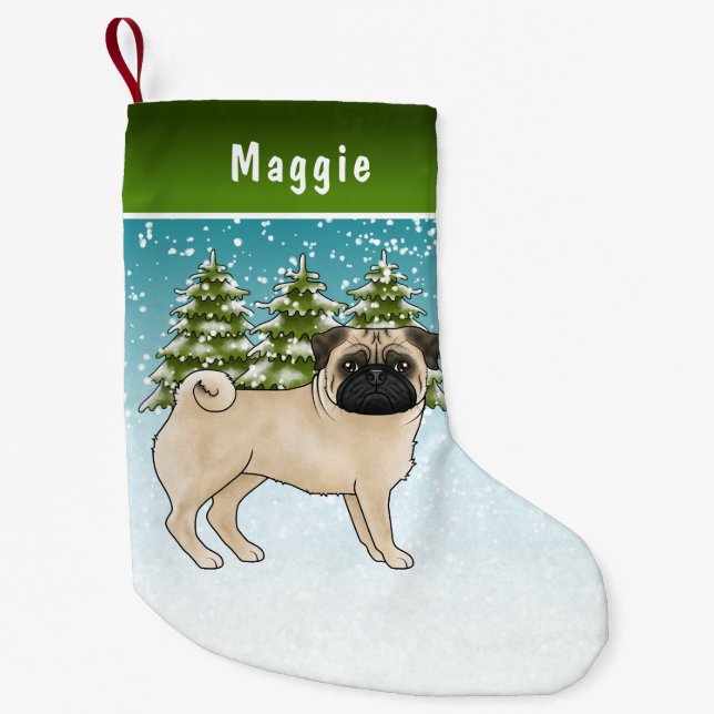 Fawn Pug Cute Tecknad hund Snowy Winter Forest Liten Julstrumpa (Framsidan)
