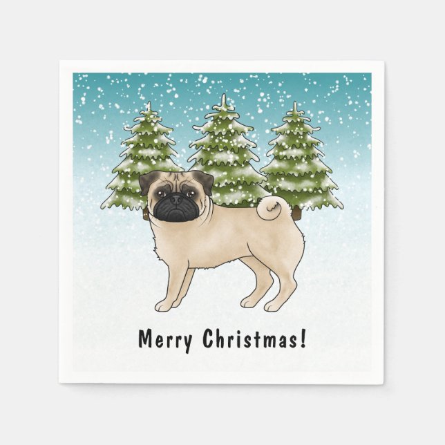 Fawn Pug Cute Tecknad hund Snowy Winter Forest Pappersservett (Framsidan)