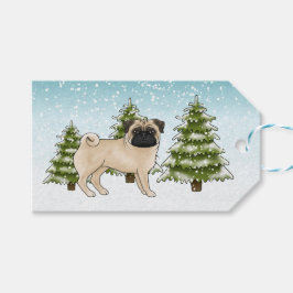 Fawn Pug Cute Tecknad hund Snowy Winter Forest Presentetikett