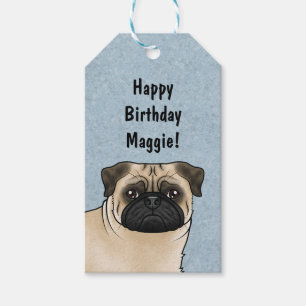 Fawn Pug Hund Huvud Närbild Grattis på födelsedage Presentetikett
