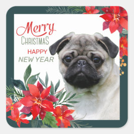 Fawn Pug Hund Poinsettia Bouquet jul Fyrkantigt Klistermärke