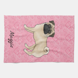 Fawn Pug Hund Söt Mops Och Rosa Hjärtan Med Namn Kökshandduk