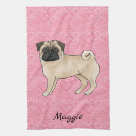 Fawn Pug Hund Söt Mops Och Rosa Hjärtan Med Namn Kökshandduk