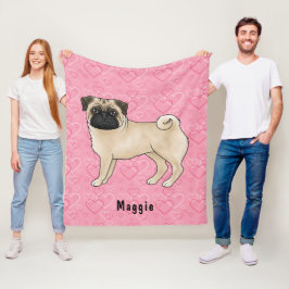 Fawn Pug Hund Söta Mopsar Och Rosa Hjärtan Med Nam Fleecefilt