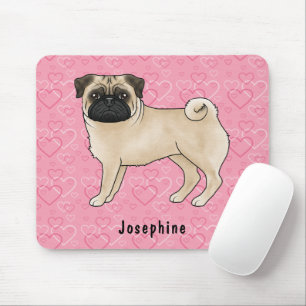Fawn Pug Hund Söta Mopsar Och Rosa Hjärtan Med Nam Musmatta