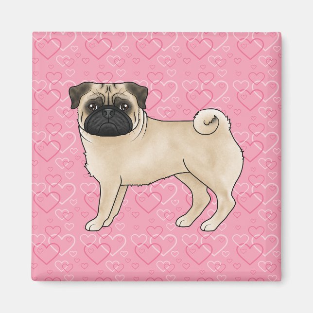 Fawn Pug Hund Tecknad Mops Rosa Kärlek Heart Mönst Magnet (Framsidan)
