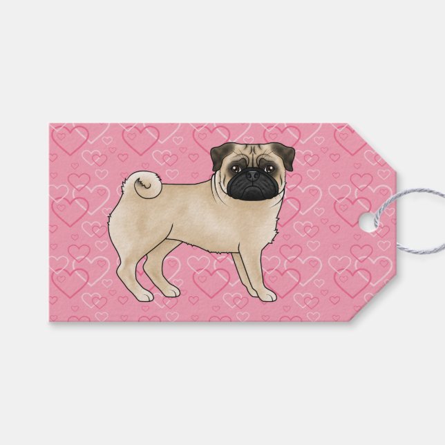 Fawn Pug Hund Tecknad Mops Rosa Kärlek Heart Mönst Presentetikett (Framsidan (Horisontell))
