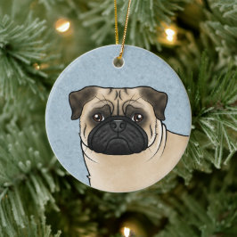 Fawn Pug Mops Hundrasdesign Söt Hundhuvud Blå Julgransprydnad Keramik