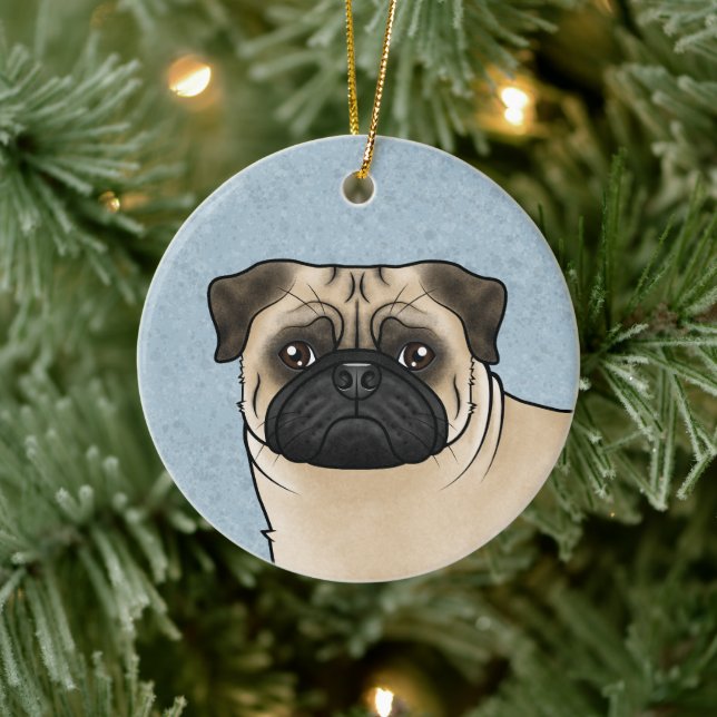 Fawn Pug Mops Hundrasdesign Söt Hundhuvud Blå Julgransprydnad Keramik (Träd)