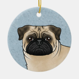Fawn Pug Mops Hundrasdesign Söt Hundhuvud Blå Julgransprydnad Keramik