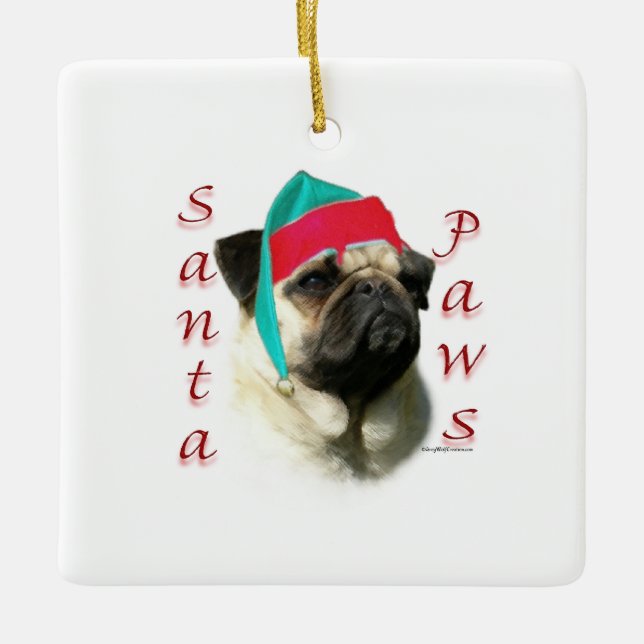 Fawn Pug Santa Tassar Julgransprydnad Keramik (Framsida)