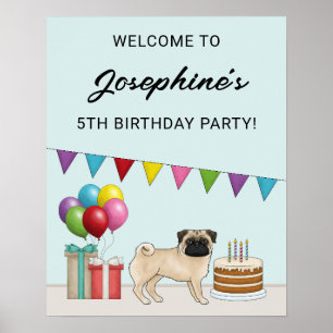 Fawn Pug Söt Tecknad Hund Födelsedagsfirande Poster
