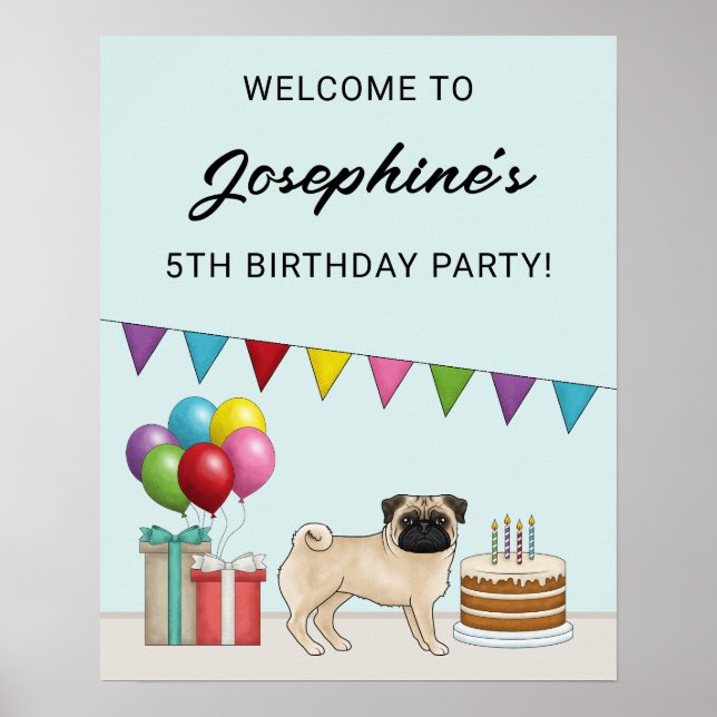 Fawn Pug Söt Tecknad Hund Födelsedagsfirande Poster (Framsidan)