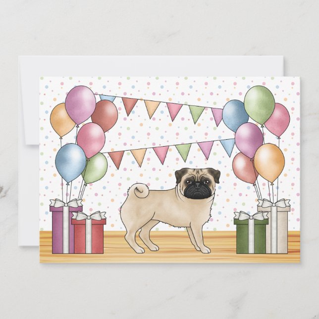 Fawn Pug Tecknad hund Colorful Pastels Birthday Inbjudningar (Framsida)
