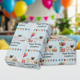 Fawn Pug Tecknad Mops Colorful Grattis på födelsed Presentpapper