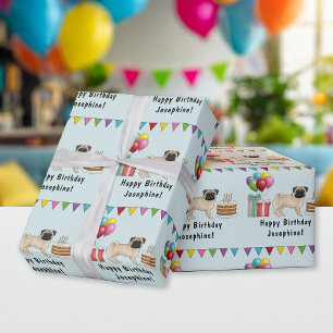 Fawn Pug Tecknad Mops Colorful Grattis på födelsed Presentpapper