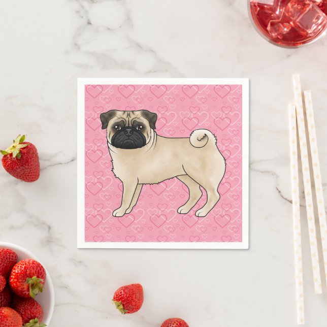 Fawn Pug Tecknad Mops Kärlek Heart Mönster Rosa Pappersservett (Insitu)
