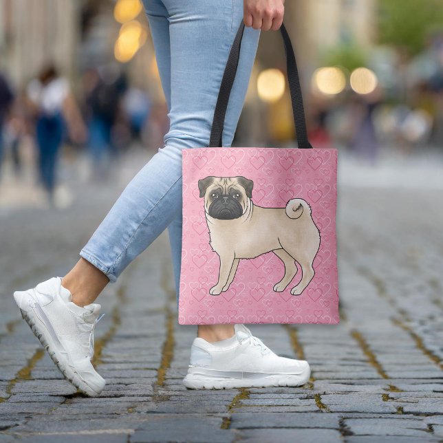 Fawn Pug Tecknad Mops Rosa Kärlek Hearts Mönster Tygkasse (Please note: This image is a digital mockup. The product may not be in scale.)