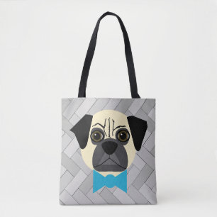 Fawn Pug with Bowtie, Herringbone grått Tygkasse