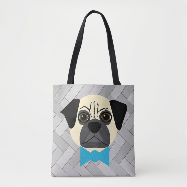 Fawn Pug with Bowtie, Herringbone grått Tygkasse (Framsida)