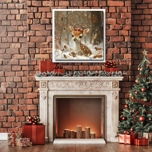 Fawn Red Berries Snö Forest Falling Löv Poster