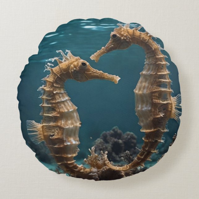Fawn Romantic Seahorse under Ocean. Rund Kudde (Framsidan)