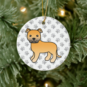 Fawn Staffordshire Bull Terrier Söt Tecknad Hund Julgransprydnad Keramik