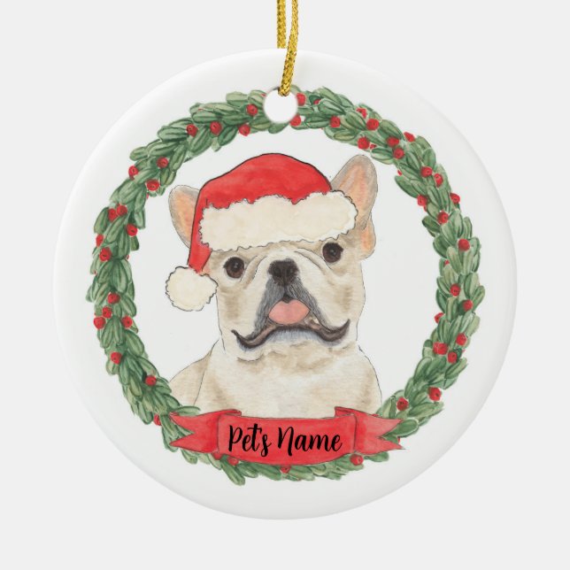 Fawn Tan Cream Frenchie Fransk Bulldog Julgransprydnad Keramik (Framsidan)