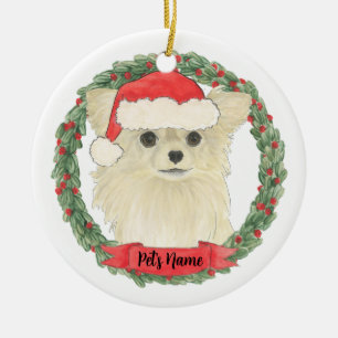 Fawn Tan Cream Långhårig Chihuahua Jul Julgransprydnad Keramik