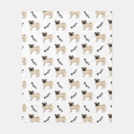 Fawn Tecknad Pug Hund with Hund's Namn Mönster Fleecefilt