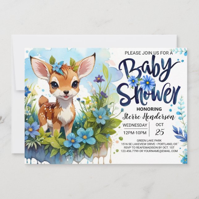 Fawn Theme Blue Baby Shower for Boy Inbjudningar (Framsida)