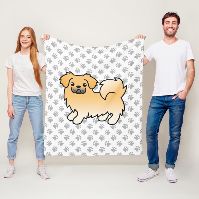 Fawn Tibetan Spaniel Söt Tecknad Hund & Tassar Fleecefilt (På plats)