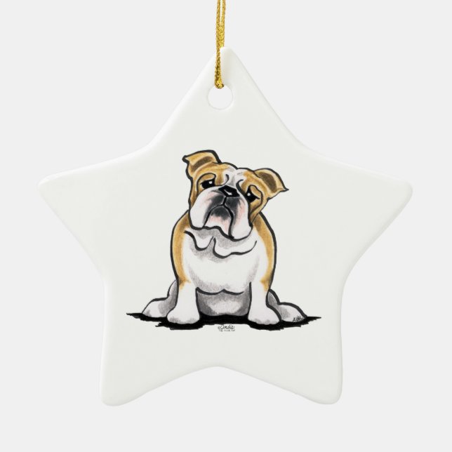 Fawn White Bulldog Sit Söt Julgransprydnad Keramik (Framsidan)