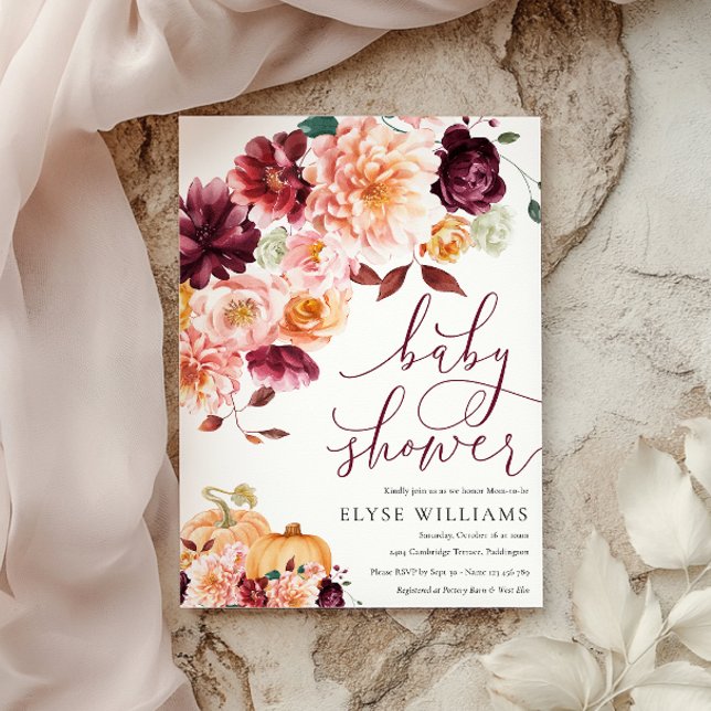 Faye Burgundy Blommigt - Höstbabystövel Inbjudningar (Skapare uppladdad)