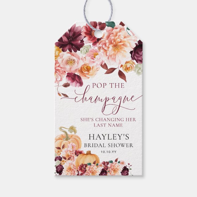 Faye Burgundy Fall Blommigt Pop Champagne Presentetikett (Framsidan)