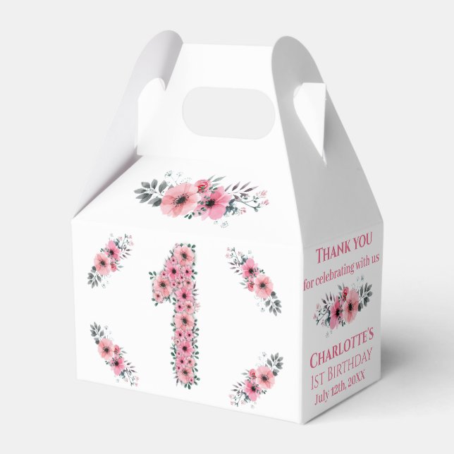 FBig 1:a Birthday Girl Grönt Foliage Rosa Flowers Presentaskar (Framsidan Sidan)