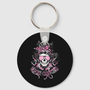 Fck Cancer Skull Messy Bun Rosa Breast Cancer Awar Nyckelring