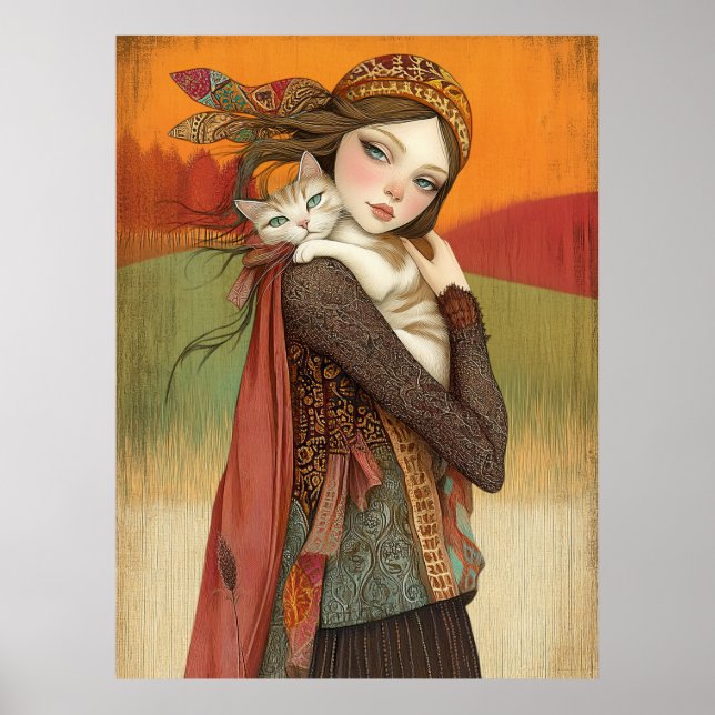 *~* FD2 Fall Girl Autumn Retro Cat Kitten 17 Poster (Framsidan)