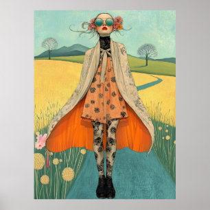FD2 Retro Whimsical Flicka Konst Vintage Blommig 1 Poster