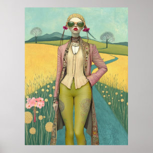FD2 Retro Whimsical Flicka Konst Vintage Blommig 2 Poster