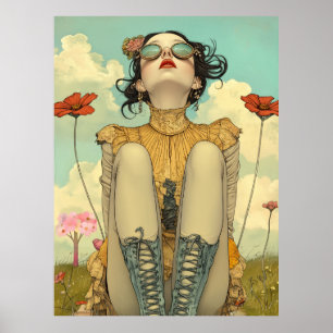 FD2 Retro Whimsical Flicka Konst Vintage Blommig 2 Poster