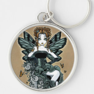 Fe Keychain "för Phoebe" gotisk Couturefjäril Rund Silverfärgad Nyckelring