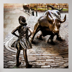Fearless Girl Ansikte Down Rampaging Bull Poster